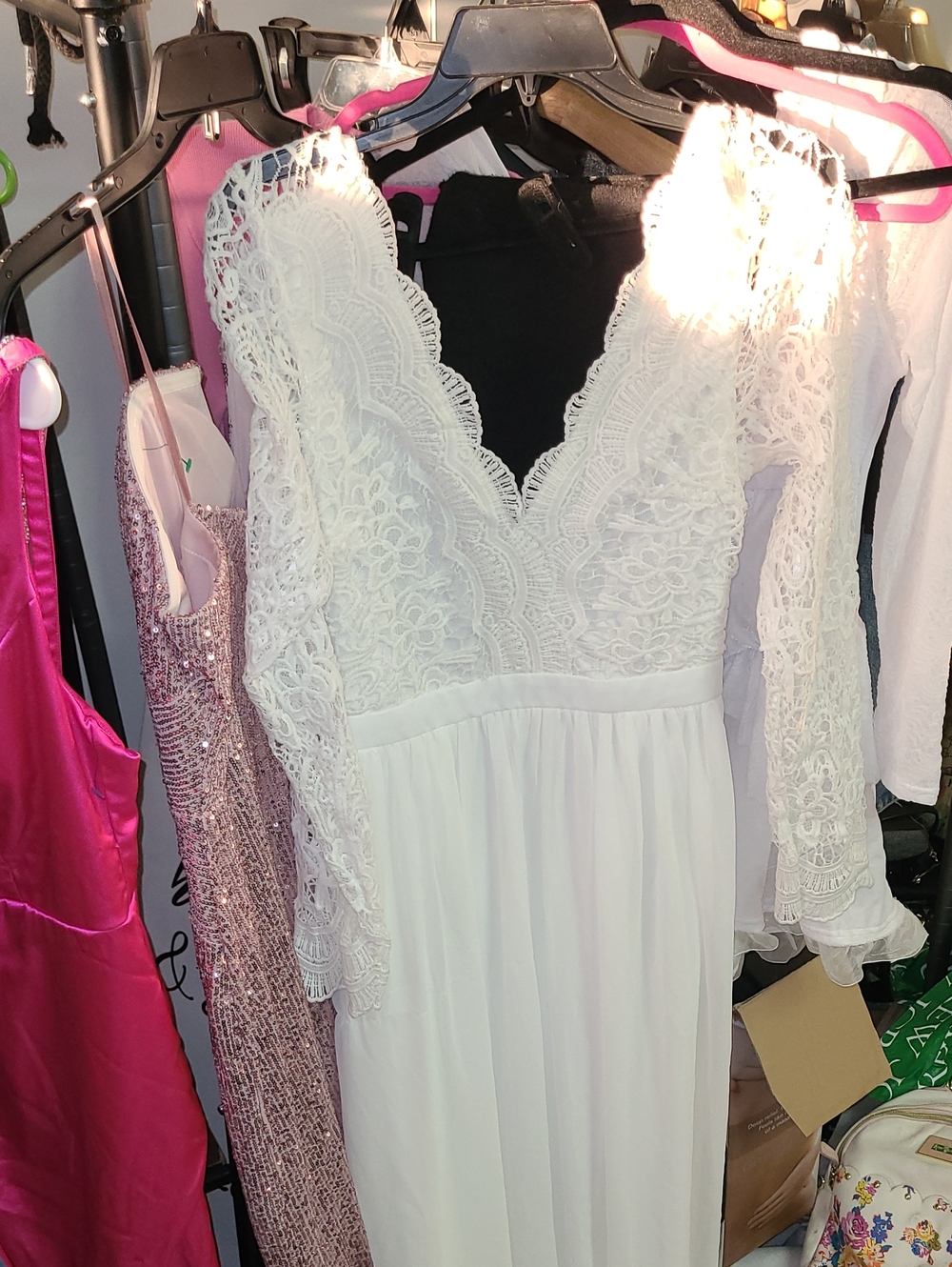 Lulu's White Lace V-Neck Long Sleeve Maxi Dress
